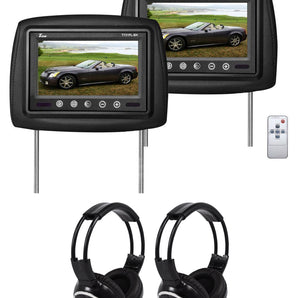 Pair Of TView T721PL 7" Black Car Video Headrest Monitors + 2 Wireless Headsets