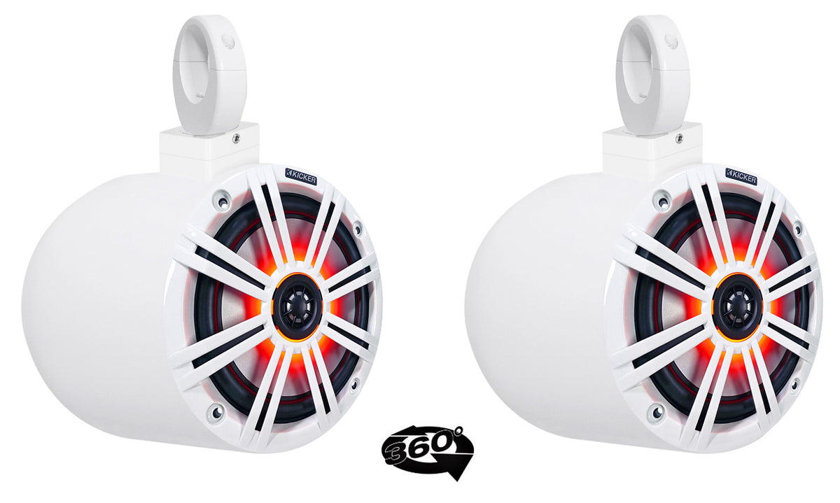 (2) kicker KM65 6.5" LED 360° Swivel White Aluminum Wakeboard Tower Speakers