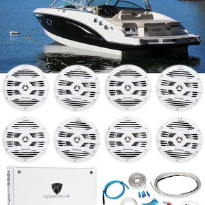 (8) Kenwood 6.5" 1200w Marine Boat Speakers+8-Channel Amplifier+Amp Wire Kit