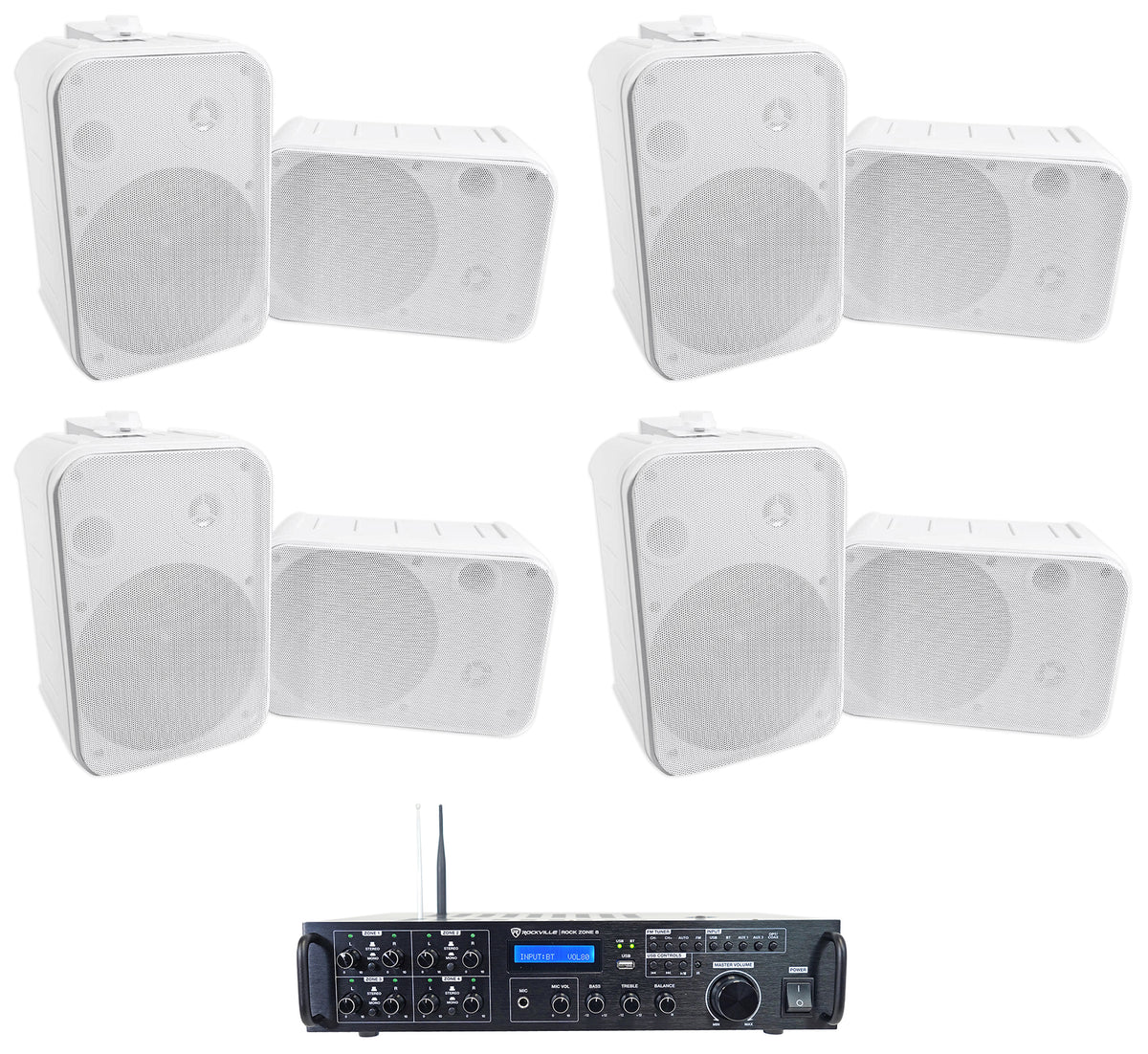 Rock Zone 8 Ch. Multi Room Home Receiver+(8) White 6.5" Wall Speakers