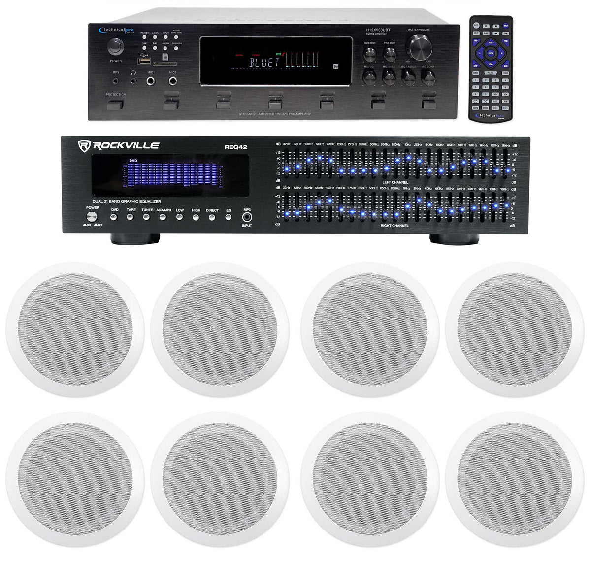 6-Zone Receiver with (4) Pairs of White 6.5" In-Ceiling Speakers, Commercial Package