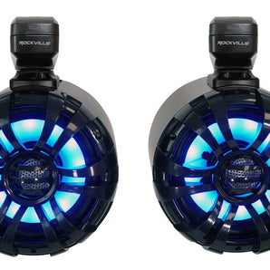 2) Rockville WB65KLED 6.5" 600w Black Marine Wakeboard LED Tower Speakers+Remote