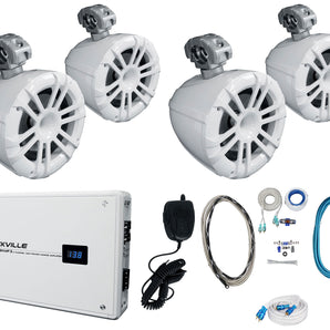 (4) Memphis MXA82TW White 8" Marine Wakeboard Tower Speakers+Amplifier+Amp Kit