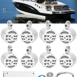 (8) Kenwood 6.5" 1200w Marine Wakeboard Tower Speakers+8-Ch. Amplifier+Wire Kit