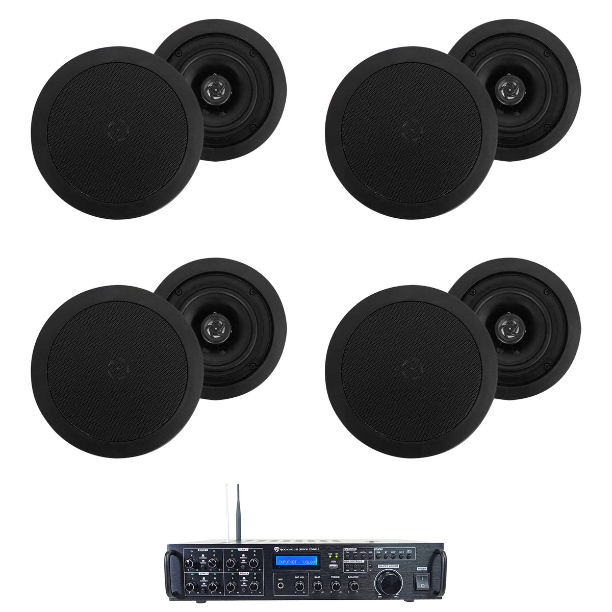 Rock Zone 8 Ch. Multi Room Receiver+(8) 5.25" Black Ceiling Speakers