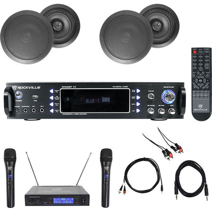 1000W Karaoke Bluetooth Amp/Mixer + (4) Black Ceiling Speakers + Wireless Mics