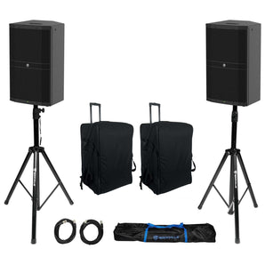 (2) Mackie DRM215 15" 1600w Powered DJ PA Speakers+Rolling Bags+Stands+Cables