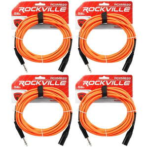 4 Rockville RCXMB20-O Orange 20' Male REAN XLR to 1/4'' TRS Balanced Cables