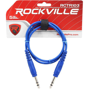 Rockville RCTR103BL 3' 1/4'' TRS to 1/4'' TRS Balanced Cable, Blue, 100% Copper