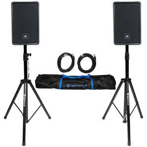 2) JBL IRX108BT 8" 1000 Watt Powered DJ Portable PA Speakers w/ Bluetooth+Stands