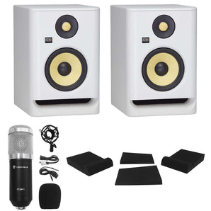 (2) KRK ROKIT RP5 G4 5" Studio Monitor DSP Speakers White Noise Edition+Mic+Pads