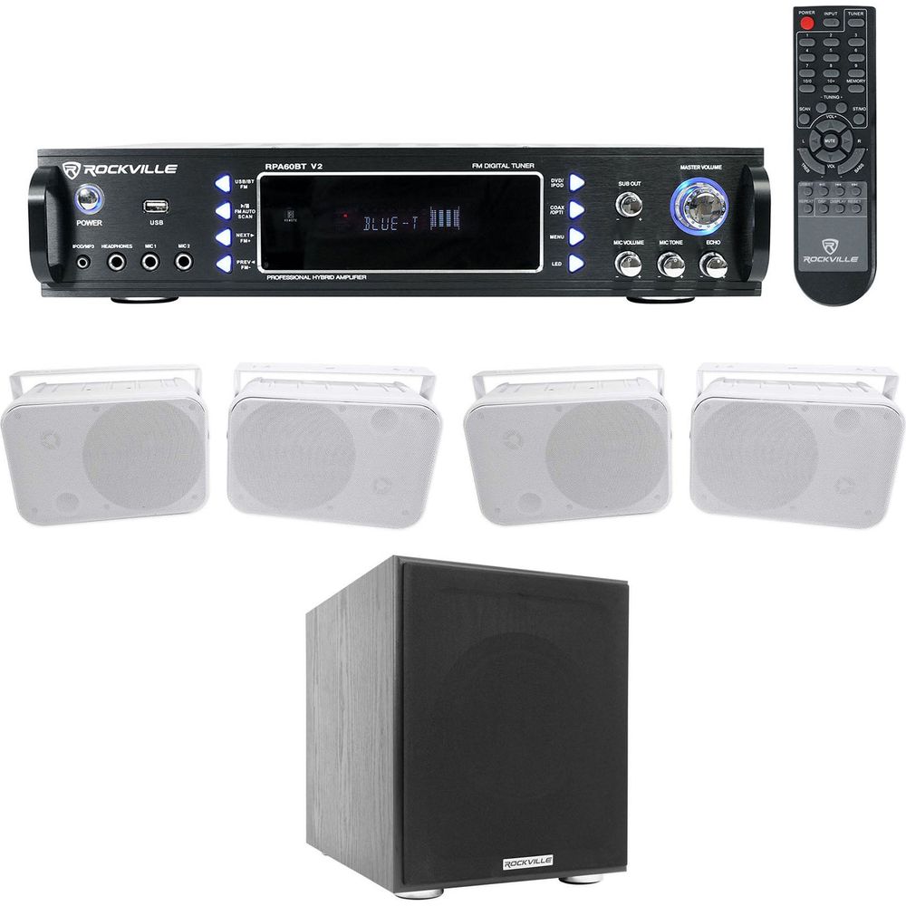 RPA60BT Receiver + HP65S-8 White 4-Pack + Rock Shaker 8 Sub Bundle