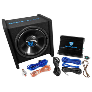 Rockville RV12.1C 600w 12" Loaded Car Subwoofer Enclosure+Mono Amplifier+Amp Kit