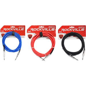 3 Rockville 10'  1/4" TS to 1/4'' TS Guitar/Instrument Cable (3 Colors)