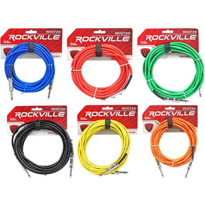 6 Rockville 20'  1/4" TS to 1/4'' TS Guitar/Instrument Cable (6 Colors)