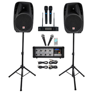 Rockville RPG2X15 Powered Bluetooth Mixer+(2) 15" Speakers+Stands+Wireless Mics