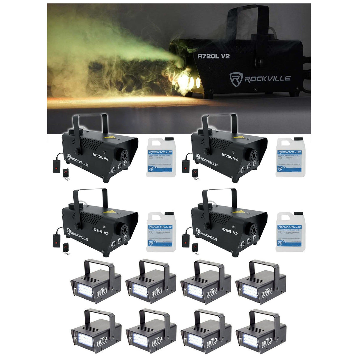 (4) R720L Fog Machines + (8) Mini Strobe LED Lights