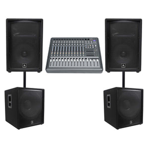 (2) JBL JRX212 1000w 12" DJ P/A Speakers+(2) 18" 1400w Subwoofers+Powered Mixer