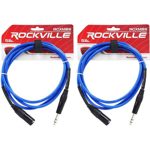 2 Rockville RCXMB6-BL Blue 6' Male REAN XLR to 1/4'' TRS Balanced Cables