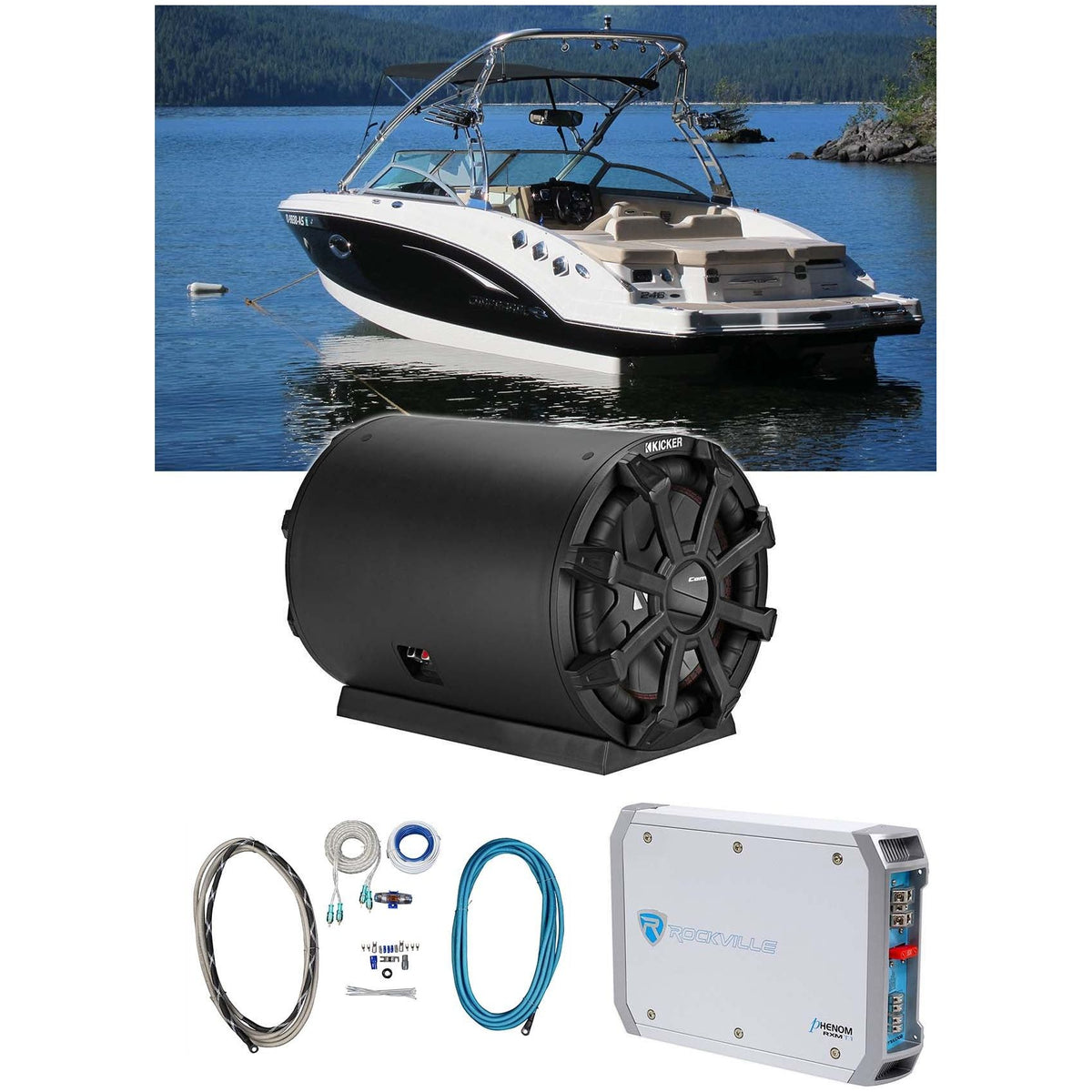 KICKER 46CWTB104 TB 10" 800 Watt Marine Subwoofer+Enclosure+Amplifier For Boat