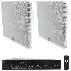 2) JBL SLP14/T-WH Low-Profile On Wall Mount White 4" 70v Commercial Speakers+Amp