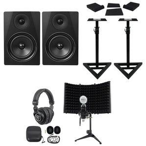 2) Rockville DPM6B 6.5" 420 Watt Studio Monitors+Stands+Headphones+Mic+Shield