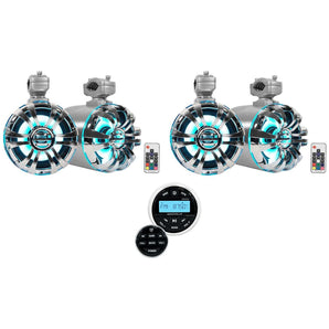 (4) Rockville WB65KLED 6.5" LED Marine Wakeboard Swivel Tower Speakers+Receiver