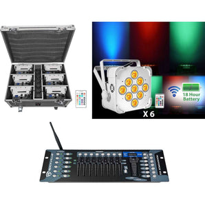Rockville BEST PACK 60 6) White Rechargeable Lights+Case+Wireless DMX Controller