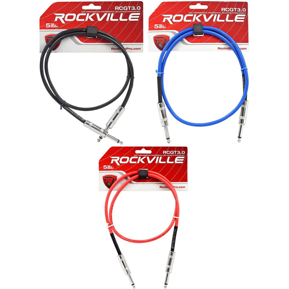 3 Rockville 3' 1/4" TS to 1/4" TS Guitar/Audio Cable (3 Colors)