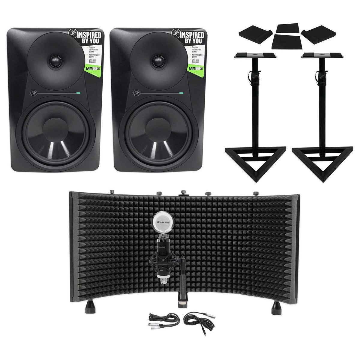 (2) MR824 8in Monitor Bundle with Mic, Adjustable Stands & Isolation Shield