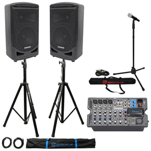 Samson Expedition XP800 800w 8" PA DJ Speakers+8-ch Mixer+Stands+Mic+Mic Stand