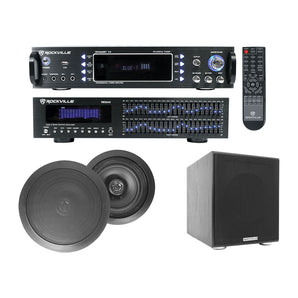 Home Theater Bluetooth Receiver+EQ+ (2) Black Ceiling Speakers+8" Subwoofer