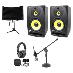 (2) Rockville DPM10B 10" 800w Active Studio Monitors+Headphones+Mic+Shield and Boom