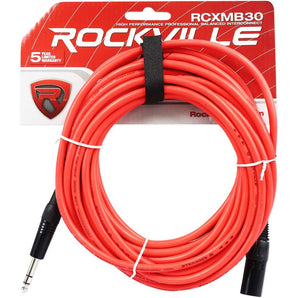 Rockville RCXMB30R 30' Male REAN XLR to 1/4'' TRS Cable Red 100% Copper