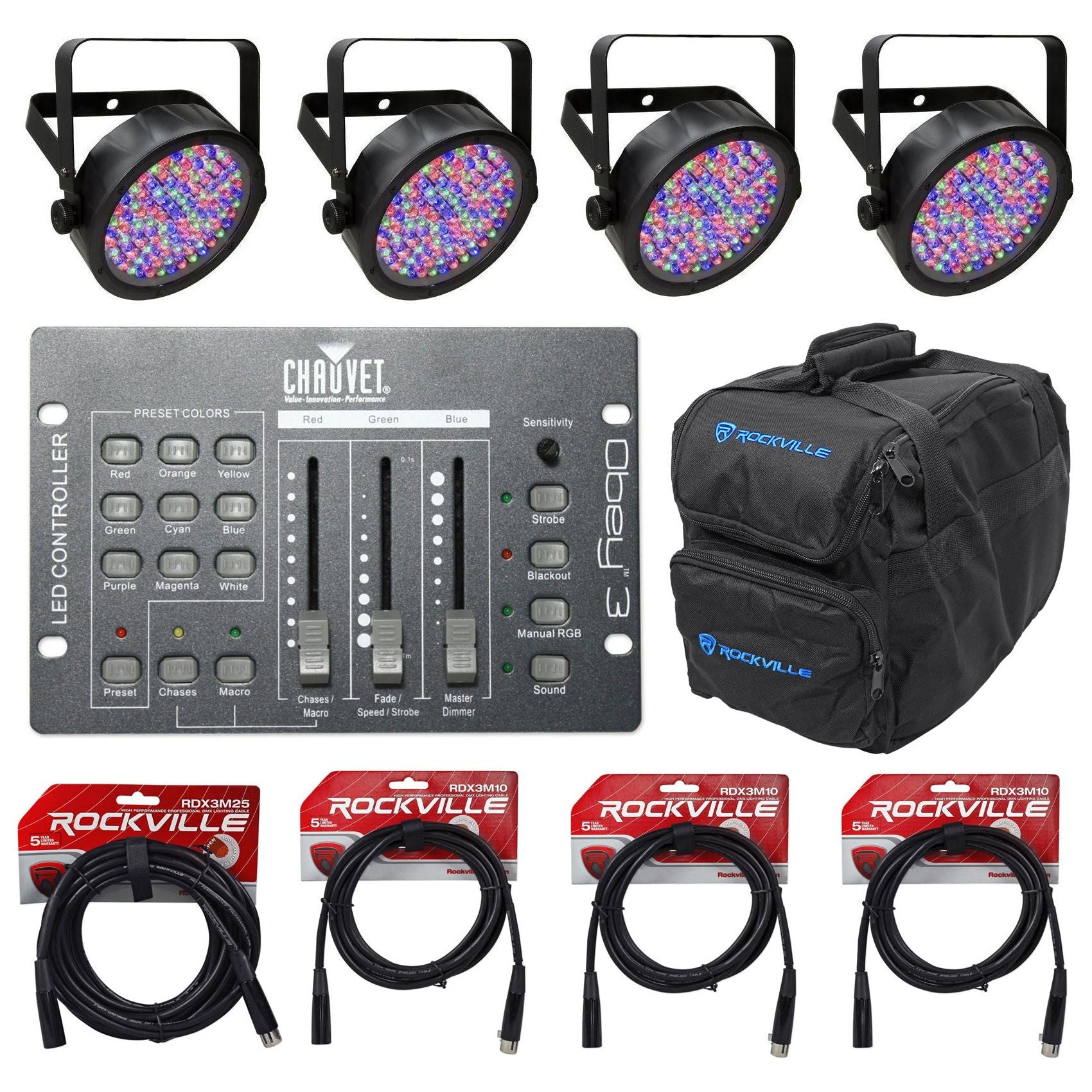 4) Chauvet SLIMPAR56 Slim Par Can 56 LED Lights+Obey 3 DMX Controller+ ...