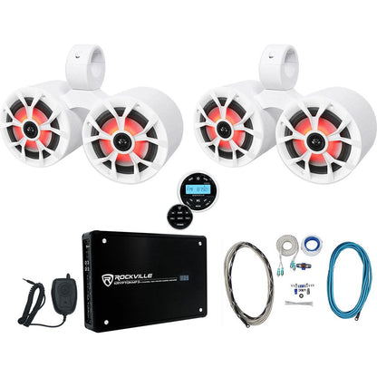 (4) RKL65MBW 6.5" Marine Wakeboard LED Speakers+Dual White Pods+Amp+Receiver