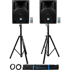 (2) Rockville RPG8BT 8" 800w Powered BlueTooth/USB DJ Speakers+Stands+Cables
