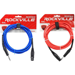 Red and Blue Rockville 10' Female Rean XLR to 1/4'' TRS Balanced Cables OFC