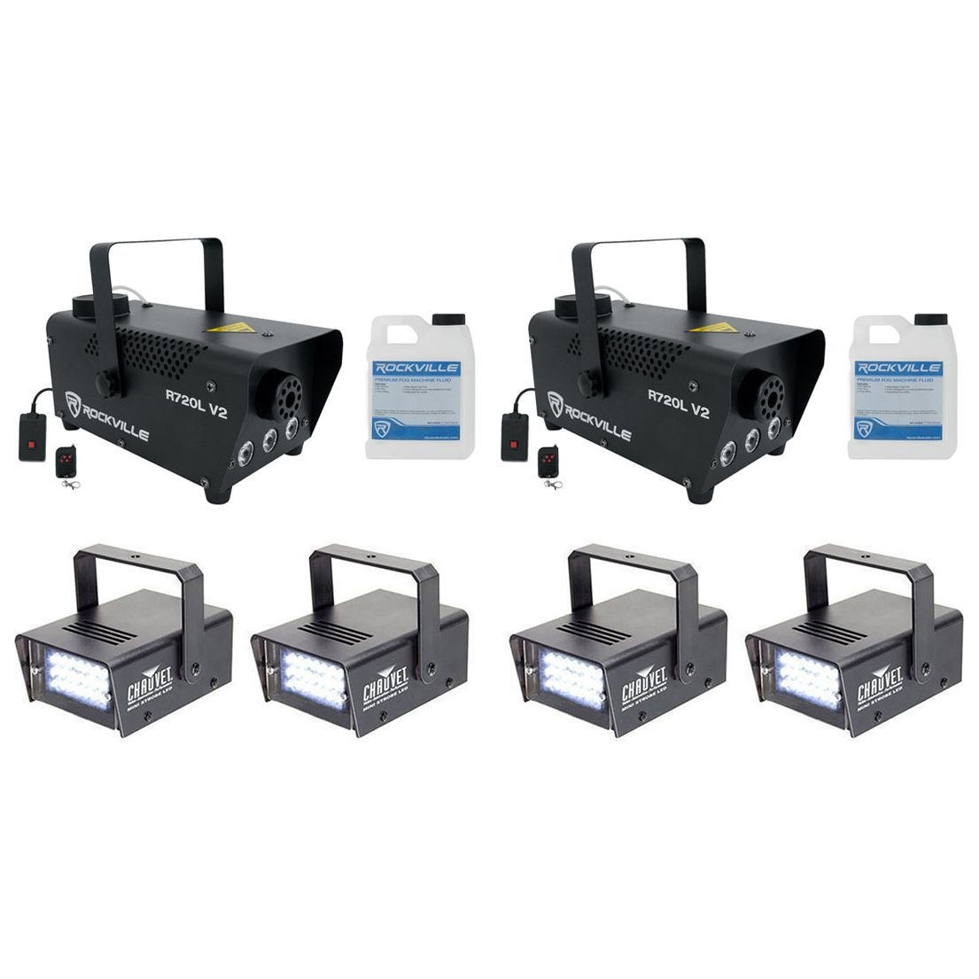(2) R720L Fog Machines + (4) Mini Strobe LED Lights Bundle