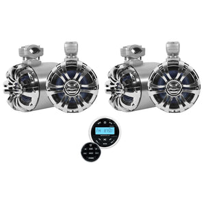 4 Rockville WB65 6.5" 600w Metal Marine Wakeboard Swivel Tower Speakers+Receiver