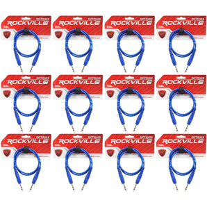 12 Rockville RCTR103BL Blue 3' 1/4'' TRS to 1/4'' TRS Cable 100% Copper