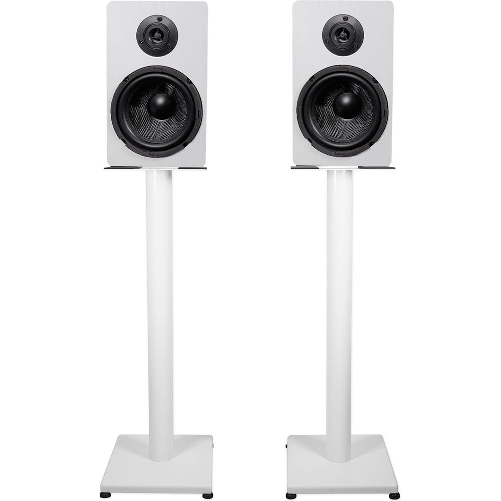 RockShelf 68W White 6.5" Home Bookshelf Speakers + 29" White Stands