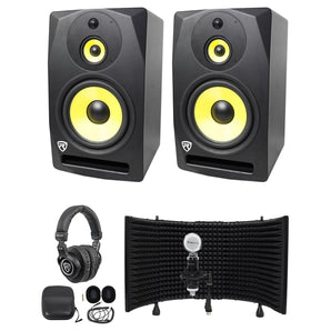 (2) Rockville DPM10B 10" 800w Active 3-Way Studio Monitors+Headphones+Mic+Shield