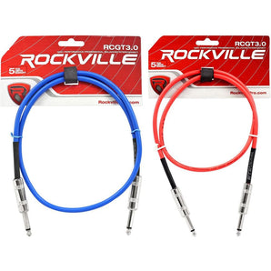 2 Rockville 3'  1/4" TS to 1/4'' TS Guitar/Instrument Cable (Red and Blue)