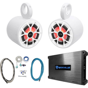 2) Rockville RKL65MBW 6.5" 700w Marine Wakeboard LED Speakers+Amplifier+Amp Kit