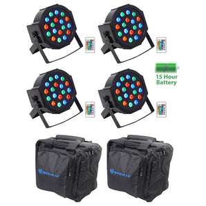 (4) Rockville BATTERY PAR 50 Rechargeable LED DMX DJ Wash Up-Lights+Remotes+Bags