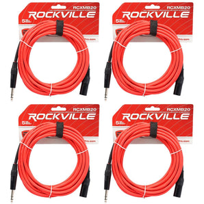 4 Rockville RCXMB20-R Red 20' Male REAN XLR to 1/4'' TRS Balanced Cables