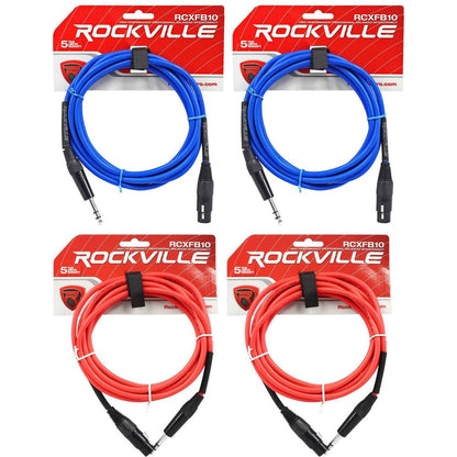 4-Pack 10' Female REAN XLR to 1/4" TRS Balanced Cables (2 Blue, 2 Red)