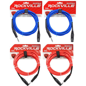 4 Rockville 10' Female Rean XLR to 1/4'' TRS Cables (2 Red and 2 Blue)