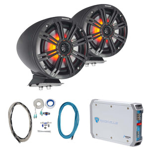 2) KICKER KMFC65 6.5" 195w Black Marine LED Surface Mount Speakers+Amp+Wire Kit